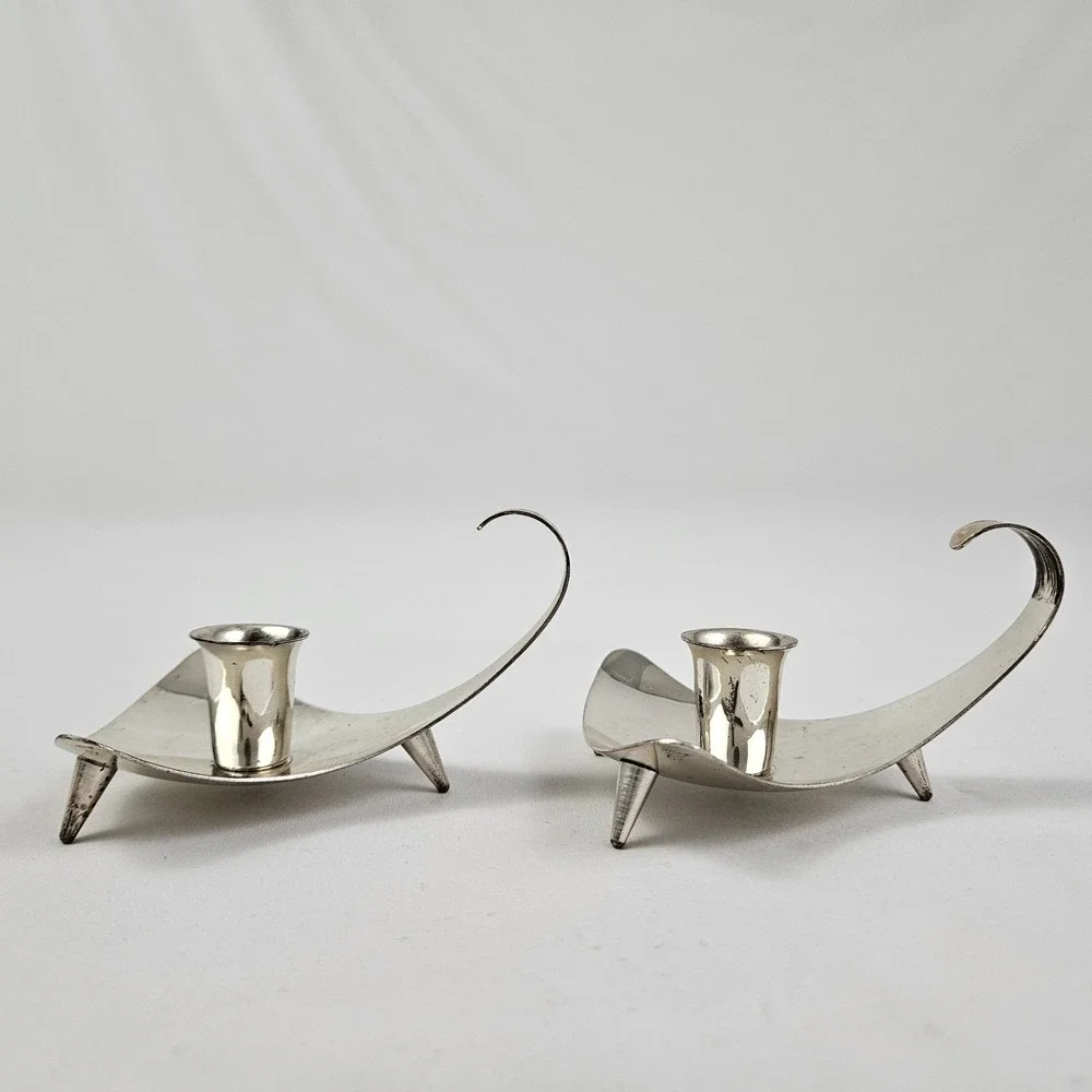 Vintage MCM Silver-Plate Candle Holders Danish Mid-Century Modern Atomic Germany